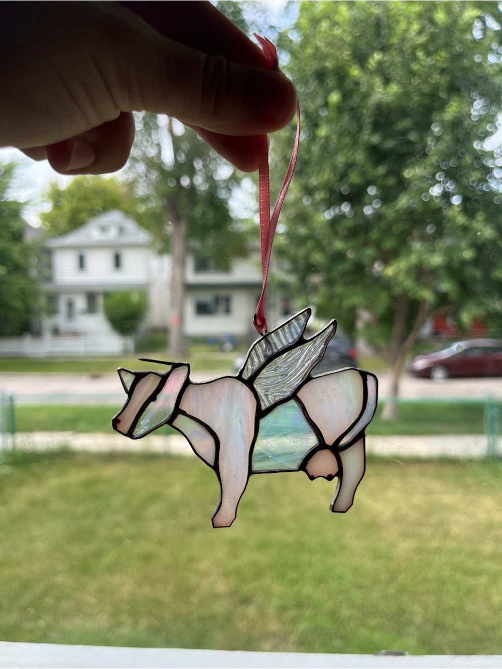 Baby Pink Stained Glass Cow Angel Ornament